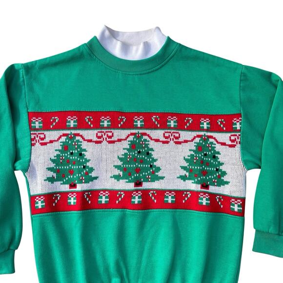 Vintage 80’s Ugly Christmas Sweater Sweatshirt Knit Panel Christmas Trees Medium - Picture 2 of 6